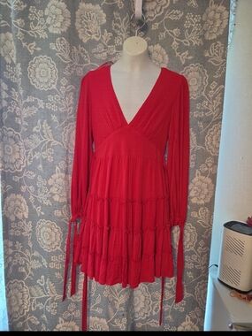 Red Long-Sleeve Mini Dress with Tiered Skirt